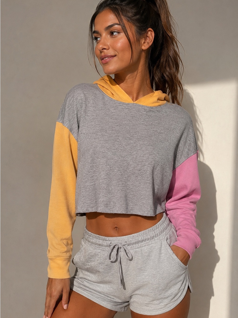 Colsie Gray Cropped Hoodie with Yellow Hood & Pink Sleeve